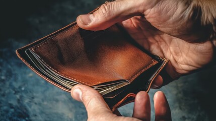 A close-up of a person's hands holding an empty wallet, fingers gripping the edges tightly.