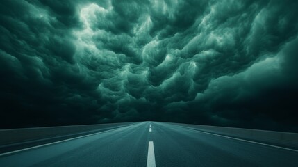 Elegant A dramatic sky filled with supercell storm clouds creating a swirling vortex of dark gray and green hues over an empty highway 