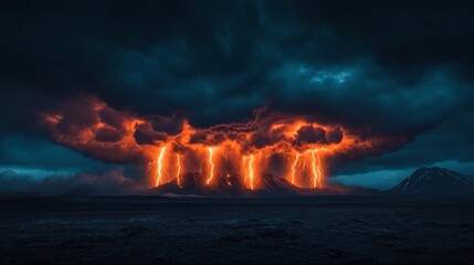 Elegant A dramatic time lapse effect of multiple lightning bolts illuminating a stormy night sky over a distant mountain range 