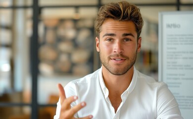 Obraz premium A young Caucasian man in a white shirt gestures while speaking, exuding confidence in a modern café setting.