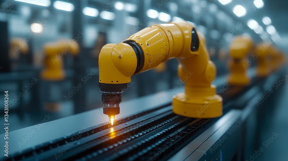 Aufkleber industrial process: robotic arm in automated production line for welding task