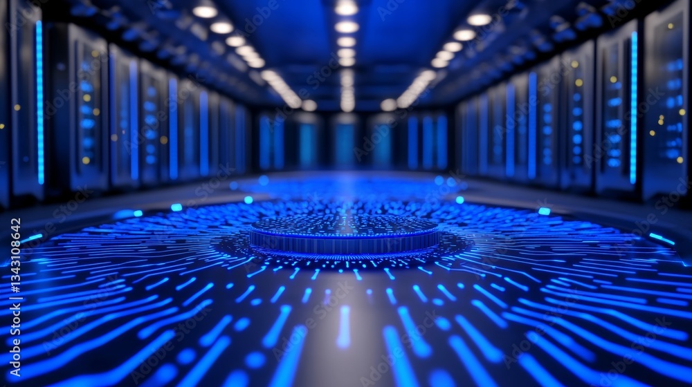 Poster elegant a futuristic quantum computing lab filled with glowing blue circuits and a massive quantum p