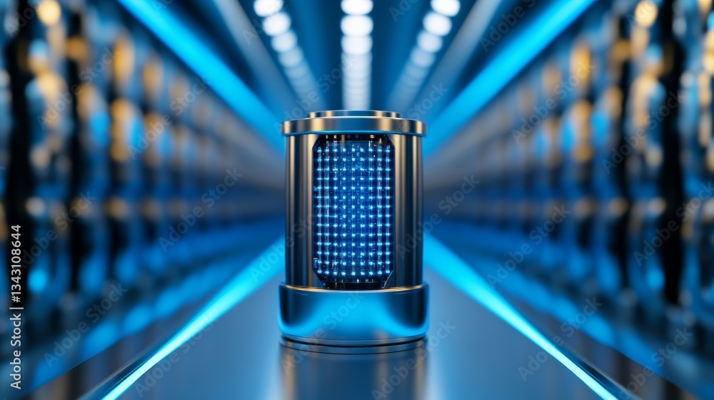Poster elegant a futuristic quantum computing lab filled with glowing blue circuits and a massive quantum p