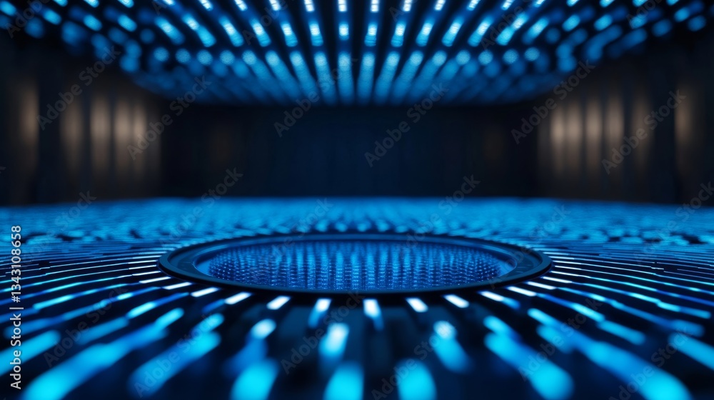Poster elegant a futuristic quantum computing lab filled with glowing blue circuits and a massive quantum p