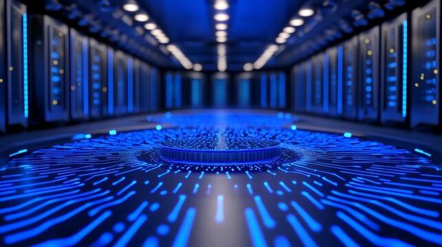 Elegant A futuristic quantum computing lab filled with glowing blue circuits and a massive quantum processor suspended in a vacuum chamber 