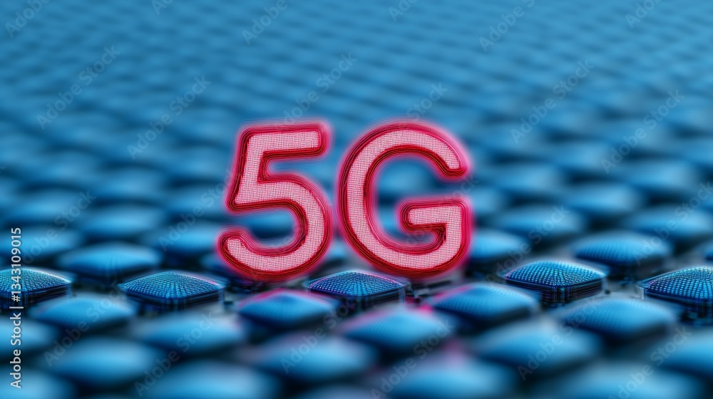 Poster elegant a high speed 5g network visualized with glowing blue and red waves radiating from a cell tow