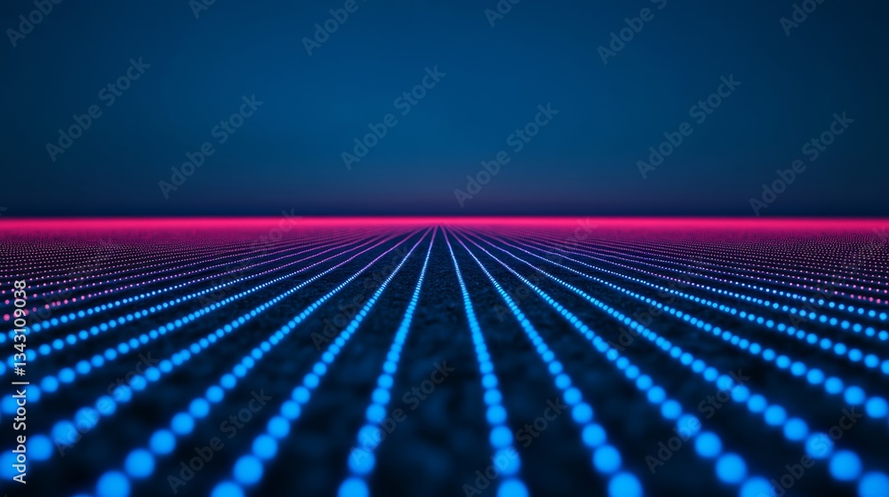 Poster elegant a high speed 5g network visualized with glowing blue and red waves radiating from a cell tow