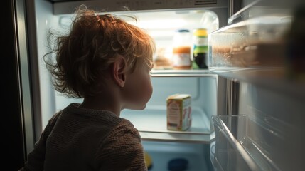 A small child looking into a mostly empty fridge, a single carton of milk on the shelf. 