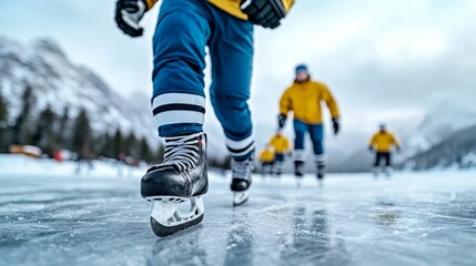 Elegant A historic outdoor hockey game on a frozen Canadian lake with players in warm gear skating under a beautiful winter sunset 
