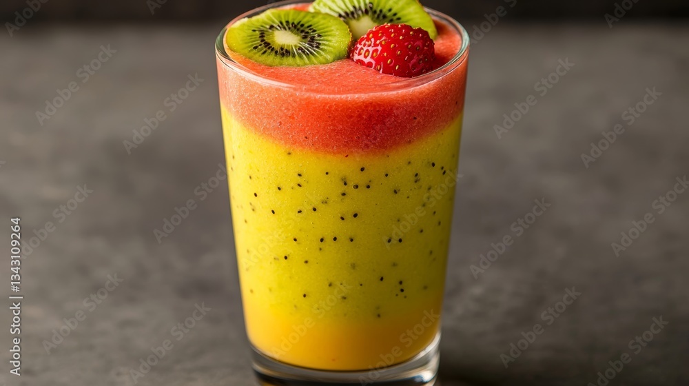Poster elegant a layered smoothie with mango strawberry and kiwi creating a sunset effect in a tall glass p