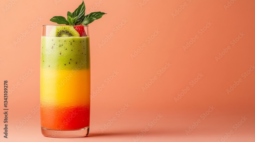 Poster elegant a layered smoothie with mango strawberry and kiwi creating a sunset effect in a tall glass p
