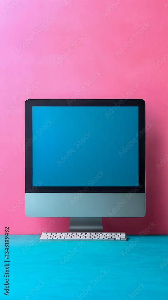 Poster modern workspace: computer with blue screen and keyboard on a bright color block pink and blue backg