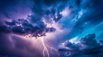 Elegant A long exposure shot of lightning bolts branching across the night sky illuminating the storm clouds in shades of purple and blue 