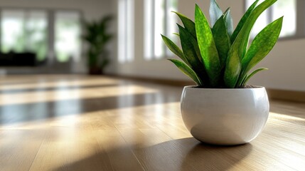 Fototapeta premium Green plant in white pot on light wood floor. Interior view of bright room