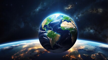 Fototapeta premium A satellite view of Earth at night, highlighting the eastern United States and parts of Central America and the Caribbean.