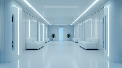 Elegant A minimalist ultra modern quantum computing lab with white walls sleek machinery and ambient blue lighting enhancing the futuristic aesthetic 