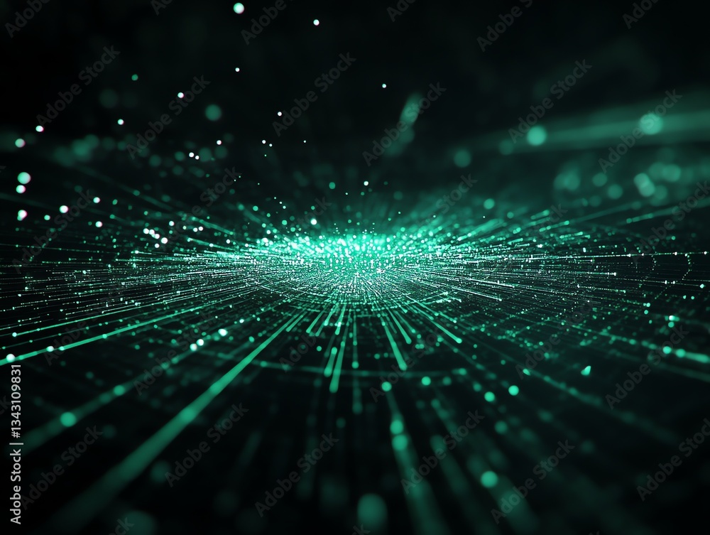 Poster glowing green light trails and points abstract background for technology concepts