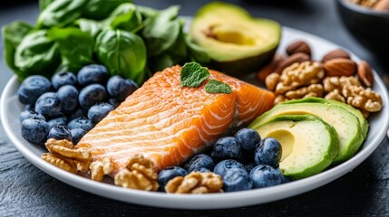 Elegant A plate of fresh wild salmon avocados and walnuts showcasing omega 3 rich superfoods for a healthy diet 