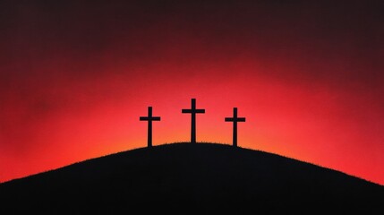 Elegant A silhouette of three crosses on a hill against a dramatic sunset representing the Passion of Christ and the Lenten season 