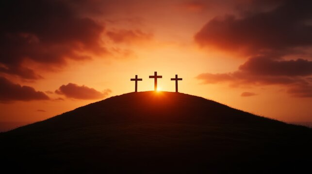 Elegant A silhouette of three crosses on a hill against a dramatic sunset representing the Passion of Christ and the Lenten season 