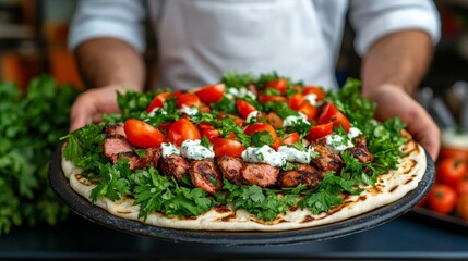 Elegant A street vendor slicing gyro meat from a rotating spit serving it in warm pita bread with fresh vegetables and creamy tzatziki sauce 