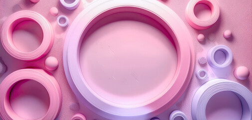 Pink and purple abstract background with white texture in geometric circles and ring pattern design. Abstract pink and blue neon light rings. Iridescent crystal ring with pink gradient texture.