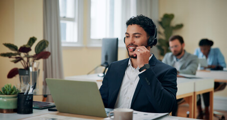 Businessman, laptop and talking with headset in office, consultant and customer service for sales....
