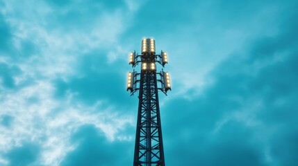 Elegant A towering 5G cell tower with multiple antennas standing against a bright blue sky symbolizing the expansion of next generation wireless technology 
