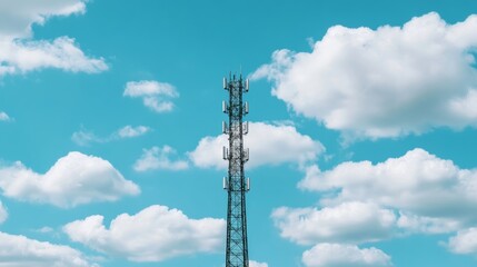 Elegant A towering 5G cell tower with multiple antennas standing against a bright blue sky symbolizing the expansion of next generation wireless technology 