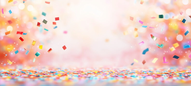 Hintergrund Konfetti Regen mit Bokeh Lichtern und Textfreiraum f&uuml;r Geburtstag Party