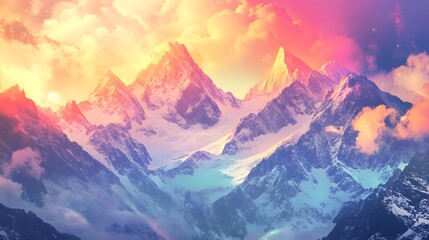 Towering snow-capped mountains with crystal-like peaks, sunlight refracting into a rainbow spectrum