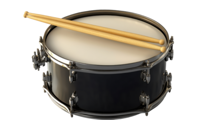 3D illustration of a drum with wooden drumstick on white background