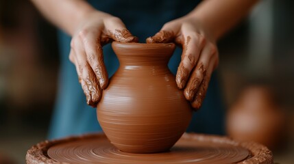 Elegant Two hands intertwined on a spinning pottery wheel molding a clay vase together symbolizing teamwork and romance 