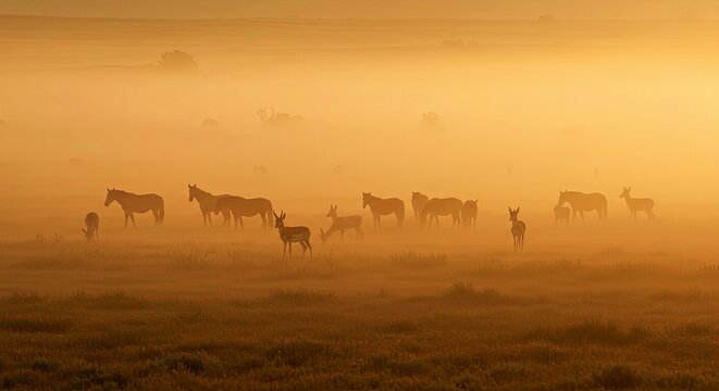  A Mystical Fog Covering the Grasslands at Dawn, Revealing Only the Silhouettes of Animals