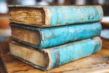 A stack of vintage, worn-out books with blue covers resting on a wooden surface, showcasing their aged and weathered appearance.