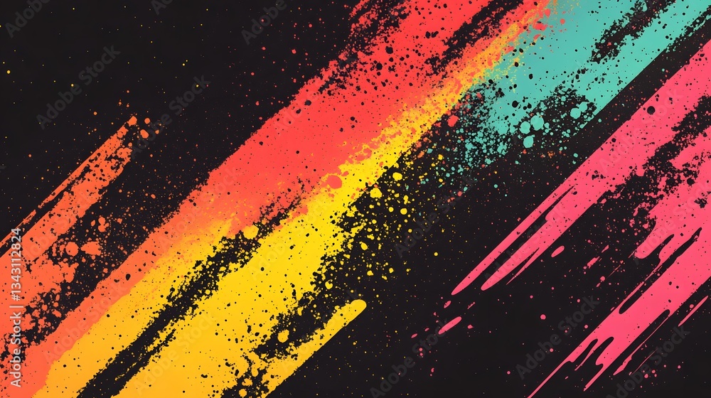 Poster colorful diagonal paint strokes and splatters across a dark background