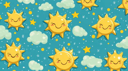 Bright and cheerful summer pattern featuring smiling suns, fluffy clouds, and twinkling stars. This playful design evokes sense of joy and warmth, perfect for summer vibes and fun textures