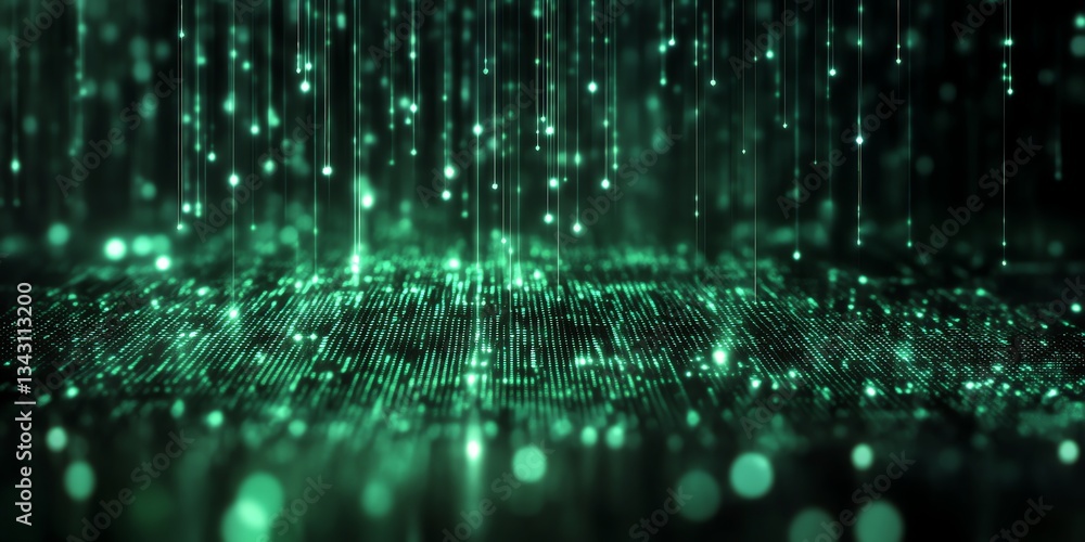Poster glowing green data streams and digital grid background for technology concepts