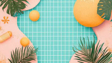 Bright summer vibes with playful texture featuring tropical leaves, vibrant orange elements, and grid background. Perfect for seasonal designs and cheerful aesthetics