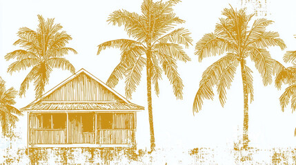 Obraz premium charming illustration featuring rustic house surrounded by tall palm trees, evoking serene summer atmosphere with textured background. warm tones enhance tropical feel, perfect for summer vibes