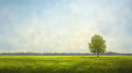 Fototapeta premium serene landscape featuring solitary tree vast green field soft blue sky. scene evokes sense of tranquility and connection to nature, perfect for summer. texture of grass adds depth to image
