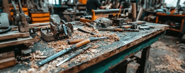 A cluttered workshop with various tools scattered across a wooden table.