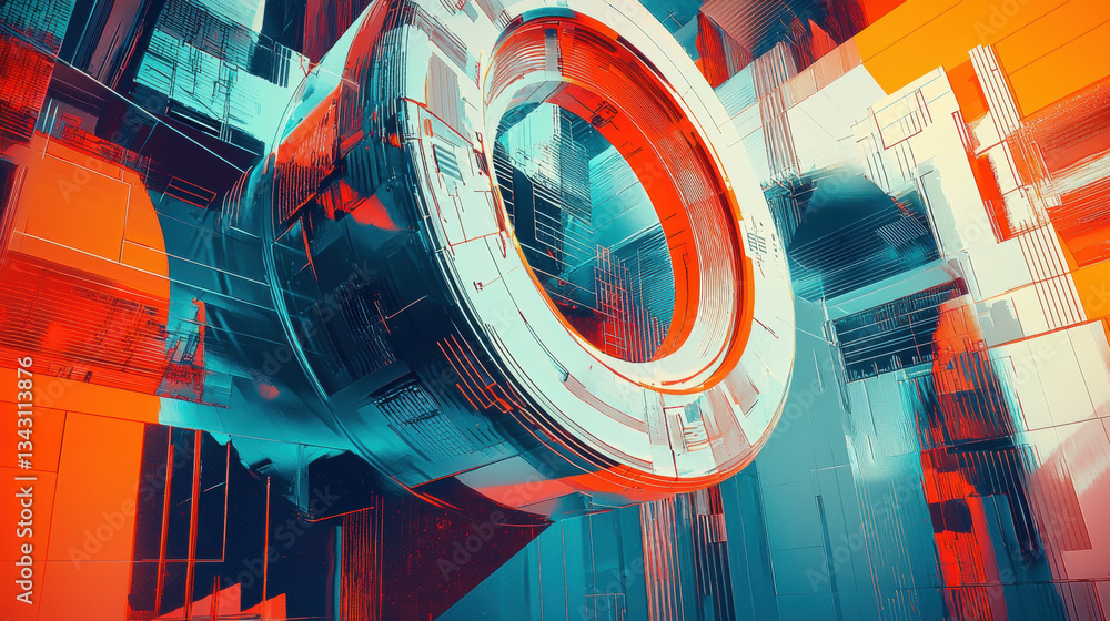 Poster vibrant abstract composition featuring circular structure surrounded by geometric shapes and lines, 