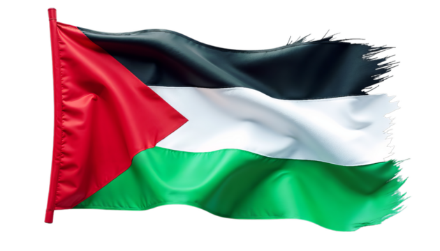Palestine flag with colors and dynamic waves symbolizing the unity and strength of the Palestinian people on transparent background