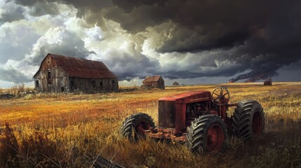 Obraz premium Abandoned farm scene under stormy sky
