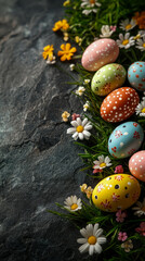 Obraz premium Easter Celebration: Colorful painted eggs and flowers on dark stone surface, ideal as holiday themed print