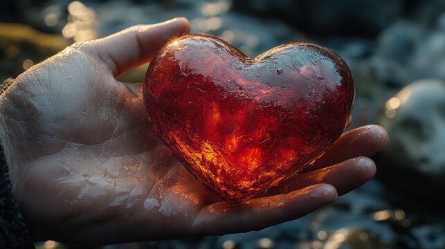 A crimson heart, a symbol of love and passion, lay nestled in the palm of a hand, its warmth radiating through the air, a testament to the power of emotions.