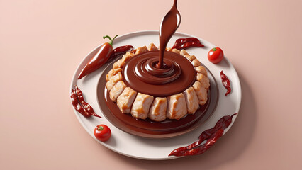 Delicious dessert featuring chocolate sauce drizzling over creamy cake, garnished with chili peppers and cherry tomatoes, creating unique flavor combination