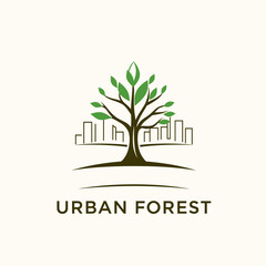 This logo represents the balance between urban development and environmental sustainability. A flourishing tree with vibrant green leaves stands in front of a minimalist city skyline © mest selda blessun