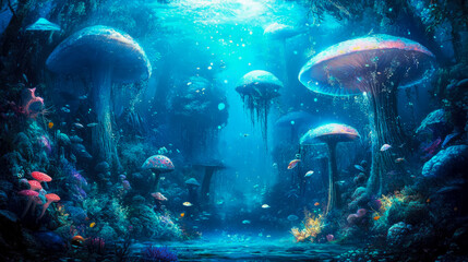 Enchanted Abyss: A Luminous Underwater World of Giant Mushrooms and Bioluminescent Life
